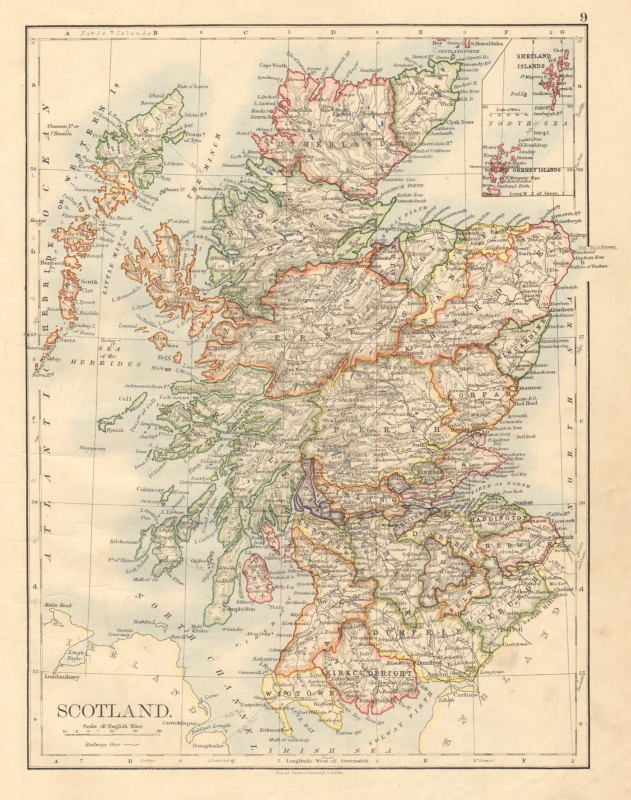 SCOTLAND Counties Undersea telegraph cables JOHNSTON 1892 old antique map